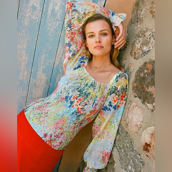 ANTHROPOLOGIE | ROUEN SMOCKED MULTI COLOR FLORAL LONG SLEEVE BLOUSE SIZE LARGE - Picture 2 of 10